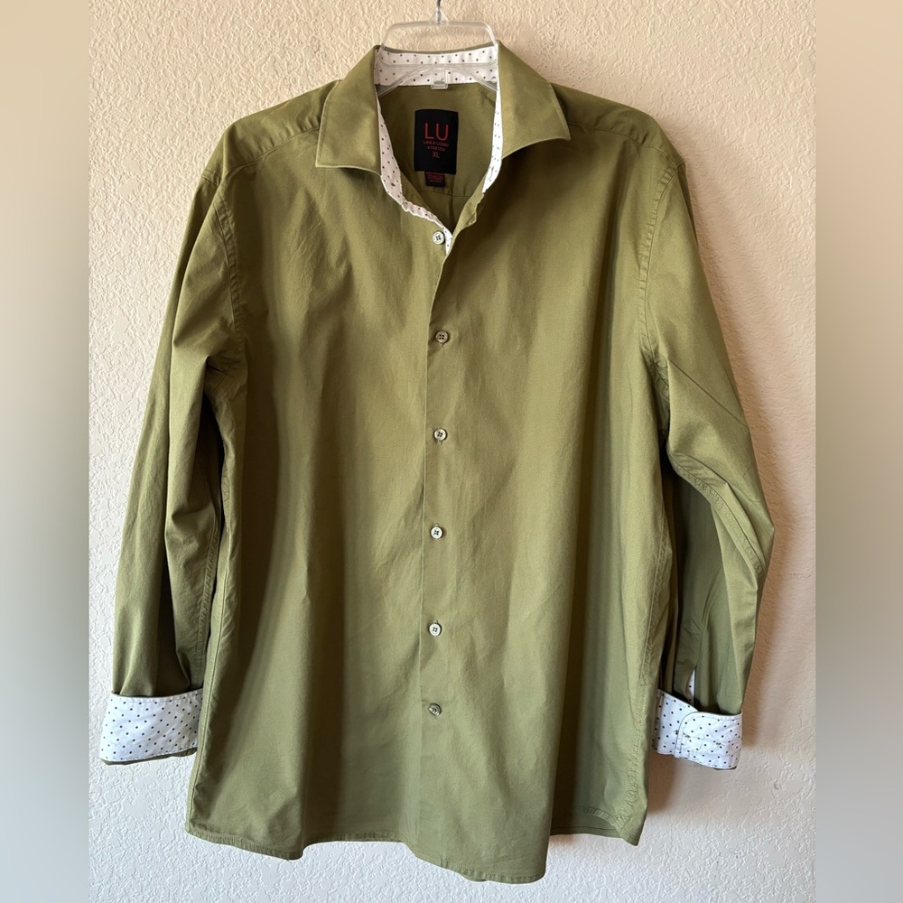 Linea Uomo Long Sleeve Olive Button Down with Contrast Polka Dot trim XL